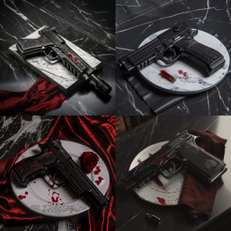 一把黑曜石般的沙漠之鹰(枪身整体如黑曜石般漆黑有光泽，枪身上还有有红色的划痕，散发微微红光并冒着丝丝红雾)放在银白色餐盘上，餐盘底下垫着暗红色餐布，以上全部放在黑色大理石桌面上，斑驳光影，神秘氛围，精细渲染，丰富细节，获奖作品，cg海报，电影质感，神秘，诡谲，