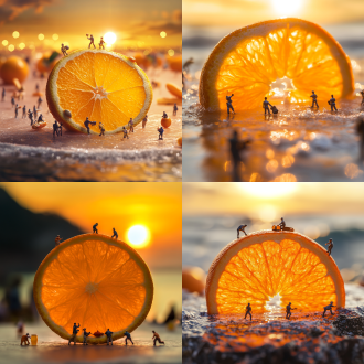 微缩模型在浪漫海边夕阳下，巨大切开橙子与微缩人物形成鲜明对比，微缩人物清晰可见的忙碌工作，背景夕阳西下光斑虚化，光斑梦幻，忙碌人群，高分辨率，超清画质，温暖色调，细节丰富，层次分明，梦幻氛围，艺术感，想象力，唯美意境