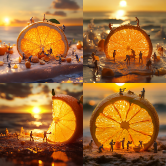 在一个浪漫的海边夕阳场景中，微缩模型展现了巨大的切开橙子与微缩人物之间的鲜明对比。微缩人物清晰可见，忙碌地工作着，细节丰富且生动。背景是夕阳西下的海面，光斑虚化，营造出梦幻般的氛围。画面层次分明，前景是忙碌的微缩人物和巨大的橙子，中景是细腻的工作场景，后景则是虚化的夕阳与海面，温暖的光影交织出唯美的意境。整体画面高分辨率、超清画质，充满艺术感与想象力，仿佛进入了一个童话般的梦幻世界。