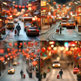 微缩世界，微景观场景，空荡小镇，过年气氛，街道挂满灯笼与装饰，安静与热闹的对比。 一个孤零零的打工人，手上拖着行李箱，结束最后一天的工作，匆匆赶往地铁站。街道上空无一人，只有零零星星的一辆出租车和少许行人，整个小镇仿佛瞬间安静下来。微缩的街道上，层次感分明：前景是打工人孤独的身影，中景是挂满灯笼和新年装饰的街道，后景是远处隐约的地铁站和零星的灯光，整体背景虚幻梦幻，前景异常孤独。画面安静而冷清，却因过年的装饰显得温暖而矛盾。作为主角的打工人行走其中，异常显眼，仿佛是整个微缩世界中唯一流动的生命。 氛围渲染： 安静与孤独：街道空荡，脚步声清晰可闻，冷清的空气弥漫。 过年气氛：红灯笼、春联、彩灯挂满街道，温暖色彩与冷清环境形成鲜明对比。 微缩细节：每一处装饰、每一盏灯光都精致细腻，凸显微缩世界的真实感。 主题明确： 通过微缩世界的视角，展现过年期间城市的孤独与温暖，打工人作为主角，既是观察者，也是参与者，凸显了现代都市人在节日中的复杂情感。