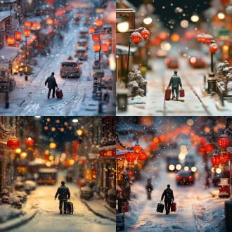 微缩世界，微景观场景，冬季下雪的空荡小镇，过年气氛，街道挂满灯笼与装饰，安静与热闹的对比。 一个孤零零的打工人，手上拖着行李箱，结束最后一天的工作，匆匆赶往地铁站，地面都是厚厚的积雪，走的异常艰难，但也无法抵挡打工人想回家的心。街道上空无一人，只有零零星星的一辆出租车和少许行人，整个小镇仿佛瞬间安静下来。微缩的厚厚的冰雪街道上，层次感分明：前景是打工人孤独的身影，中景是挂满灯笼和新年装饰的街道，还有雪花飘落，后景是远处隐约的地铁站和零星的灯光，整体背景虚幻梦幻，前景异常孤独，层次感分明，前中后景都有。画面安静而冷清，却因过年的装饰显得温暖而矛盾。作为主角的打工人行走其中，异常显眼，仿佛是整个微缩世界中唯一流动的生命。 氛围渲染： 安静与孤独：街道空荡，脚步声清晰可闻，冷清的空气弥漫。 过年气氛：红灯笼、彩灯挂满街道，温暖色彩与冷清环境形成鲜明对比。 微缩细节：每一处装饰、每一盏灯光都精致细腻，凸显微缩世界的真实感。 主题明确： 通过微缩世界的视角，展现过年期间城市的孤独与温暖，打工人作为主角，既是观察者，也是参与者，凸显了现代都市人在节日中的复杂情感。
