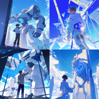 low angle view,wide angle lens,window wall，outdoor scenery,dawn,sunlight,time,futurism,mechanical structure,combat mecha,mechanism,moisturizing texture,sense of science and technology ,mainly white and blue,blue neon,1 boy's back