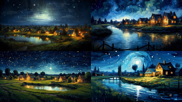 田野，溪流，房屋，家乡，灯光，夜景，月光，星空，梵高画风格，环境明亮，简约自然，全景视角，8k，高分辨率，高清质量 象牙白