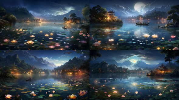 中秋月色绝美之夜湖泊濒临漫光飞舞，花落人间精灵显现