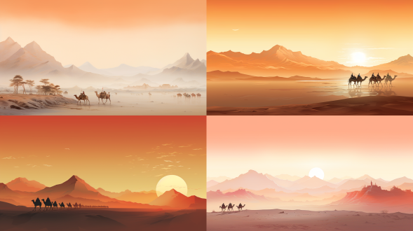 camel caravan traversing a stylized golden desert landscape, soft pastel colors, serene oriental style, gentle curves of flowing sand dunes, small figures of camel riders in muted reddish-brown clothing, silhouette of a traditional chinese-style pavilion atop a misty mountain range, light pastel blue-gray sky with hints of a soft golden sunrise, subtle textured mountain peaks, smooth flowing lines creating the sand dune formations, warm golden-orange hues throughout, calm atmosphere, minimalist aesthetic, painting style, decorative, calm mood, soft lighting, abstract, dreamlike, digital painting, quiet serenity, asian landscape, subtle brushstrokes, ultra detailed,