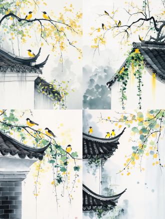 古建黑瓦白墙，黄绿常春藤爬墙，黄鸟栖顶，雾中枯树背景，中式水墨风，三分法构图，暖黄调，长焦，侧逆光，静谧。