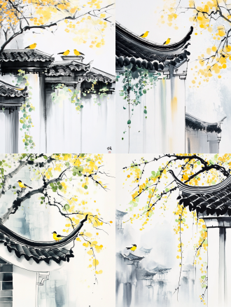 古建黑瓦白墙，黄绿常春藤爬墙，黄鸟栖顶，雾中枯树背景，中式水墨风，三分法构图，暖黄调，长焦，侧逆光，静谧。
