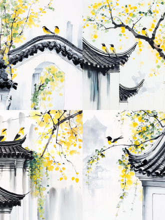 古建黑瓦白墙，黄绿常春藤爬墙，黄鸟栖顶，雾中枯树背景，中式水墨风，三分法构图，暖黄调，长焦，侧逆光，静谧。