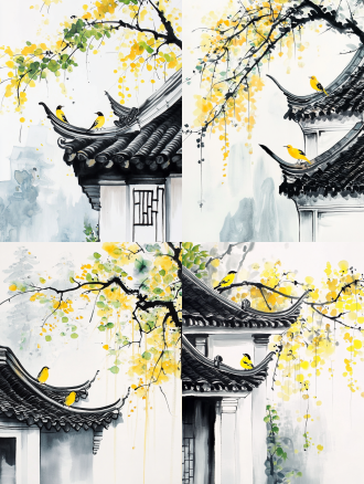 古建黑瓦白墙，黄绿常春藤爬墙，黄鸟栖顶，雾中枯树背景，中式水墨风，三分法构图，暖黄调，长焦，侧逆光，静谧。