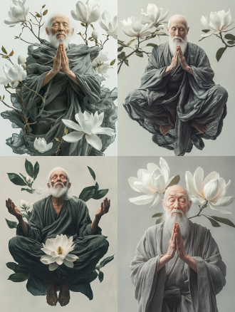 an old monk with a white beard, wearing a gray robe, defying gravity, suspended straight in the air, with hands in a praying position, the robe floating in the air, a realistic white magnolia flower with green leaves appears behind the old monk, against a grayish-white sky, minimalist style, surrealism, soft lighting, 8k, uhd 超广角 居中构图 消失点构图
