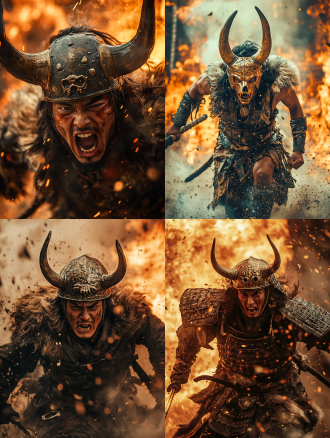 兵主蚩尤，头戴巨型青铜牛骨头盔，身穿兽皮和皮甲，手拿蚩尤铜剑，正面拍摄，奔跑中表情痛苦愤怒，炮火连天，火烧现场，高动态范围，低角度，广角镜头，逆光，快速快门，烟雾效果，红色调，紧张感。