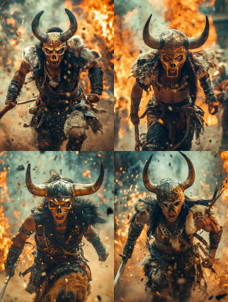 兵主蚩尤，头戴巨型青铜牛骨头盔，身穿兽皮和皮甲，手拿蚩尤铜剑，正面拍摄，奔跑中表情痛苦愤怒，炮火连天，火烧现场，高动态范围，低角度，广角镜头，逆光，快速快门，烟雾效果，红色调，紧张感。