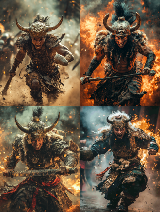 兵主蚩尤，苗族服饰，三星堆铜器风格，头戴巨型青铜牛骨头盔，重要部位穿着兽皮和皮甲，手拿巨大的蚩尤双手铜剑和拿石制武器的人在战斗，全景战斗场景，正面拍摄，奔跑中表情痛苦愤怒，炮火连天，火烧现场，高动态范围，低角度，广角镜头，逆光，快速快门，烟雾效果，红色调，紧张感。