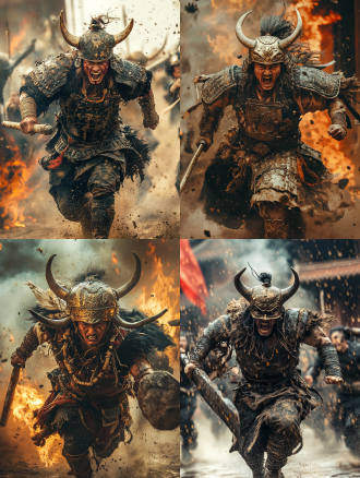 兵主蚩尤，苗族服饰，三星堆铜器风格，头戴巨型青铜牛骨头盔，重要部位穿着兽皮和皮甲，手拿巨大的蚩尤双手铜剑和拿石制武器的人在战斗，全景战斗场景，正面拍摄，奔跑中表情痛苦愤怒，炮火连天，火烧现场，高动态范围，低角度，广角镜头，逆光，快速快门，烟雾效果，红色调，紧张感。