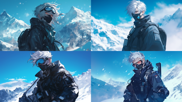 帅气少年，银白色头发，黑色冲锋衣，护目镜，黑色口罩，雪山背景，神秘感，高对比度，冷色调，广角镜头，逆光，静态，专注，全身，冒险。