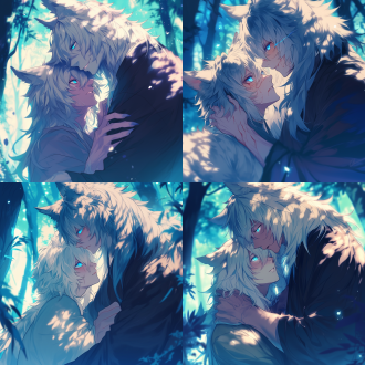 狼人男朋友，蓝色瞳孔，银白色毛发，暗色调，广角镜头，逆光，动态模糊，温顺，可爱，痴情，森林背景，柔和光线，深情眼神，拥抱姿势，浪漫氛围，神秘感。