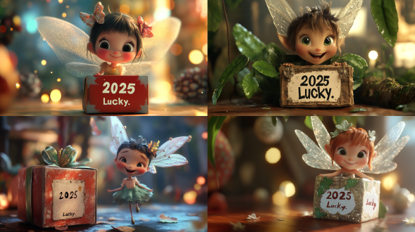 一个可爱的小精灵，从方形的小礼盒中露头出来，盒子上写着“2025 lucky”字样，精灵开心的笑，表情十分可爱，整体立体感强很真实，画面质感细腻真实如皮克斯动画片效果，整体氛围欢乐安宁美好生机勃勃，光线很好感觉很温暖