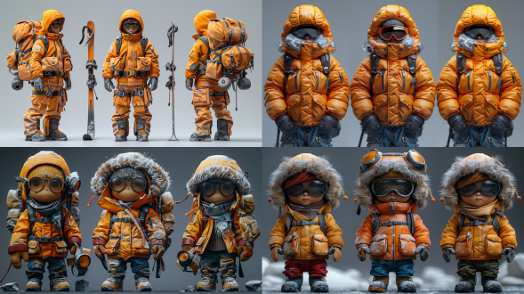 a high transparent resin toy, 3d,c4d, a ski jacket, a ski jacket and denim shorts, handsome and cool, wearing sunglasses, super cute, stylish, artistic, and on a white background, vivid facial expression, to maintain consistency and unity, 8k, best quality, full body, 4:3, three views, multiple perspectives