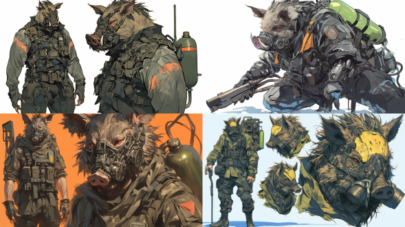 欧美q版风格，生化猪人形野猪，衣服破烂，武装身体，末日废土风格，朋克蒸汽时代，高质量细节，高分辨率，破旧衣服，机械臂，强壮，背部有绿色生化液体罐，骷髅面罩，红色眼睛，纯白背景，高对比度，金属质感，暗色调，侧光，动态模糊，紧张氛围，皮克斯风格，干净背景，全身，角色设计，参考表，全身角色，动画艺术，半身，角色设计，参考表，全身角色，太阳能未来，朋克摇滚，重金属，阴森装。 皮克斯 迪士尼 蒸汽朋克 动画艺术 半身 角色设计 参考表 全身角色