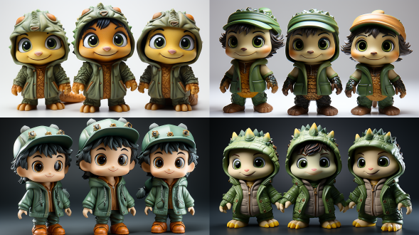 a high transparent resin toy, 3d,c4d, a boy wearing a green crocodile hat, cute, big eyes, furry, on a white background, vivid facial expression, maintaining consistency and unity, 8k, best quality, whole body, three views, front, side, back, 3:4