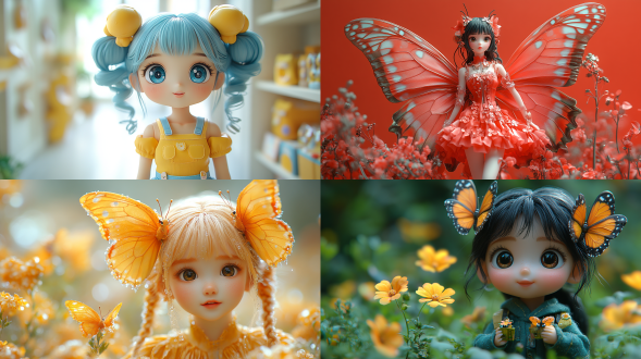 二头身比，蝴蝶系列女孩，极简风格，超萌ip，模型，盲盒玩具，细腻光泽，干净背景，3d渲染，原创角色设计，4k，超高清，pop mart盲盒玩具，工作室灯光，立体感，色彩丰富。 皮克斯