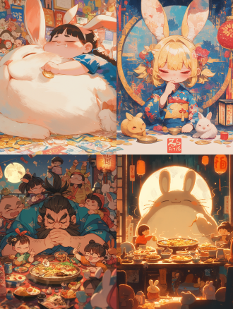 中秋节，兔娃娃胖娃娃，青蛙娃娃胖娃娃，小女孩，卡通涂鸦，线条艺术，极简主义，夸张表情，快乐，悲伤，失望，期待，鞠躬，吃饭，睡觉，放硬币，欢呼，躺下，竖起大拇指，笑，哭，担心，锻炼，思考，阅读，玩游戏，月亮，兔子，暖色调，柔和光线，广角镜头，动态模糊，高饱和度，温馨氛围。