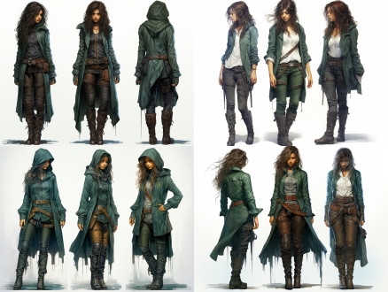 三视图，白色背景，细节丰富，二十岁女性，刺客职业，深绿色调，长筒靴，中世纪风格，航海主题，高分辨率，清晰线条，自然光，正面侧面背面，专业模特，冷色调，神秘感