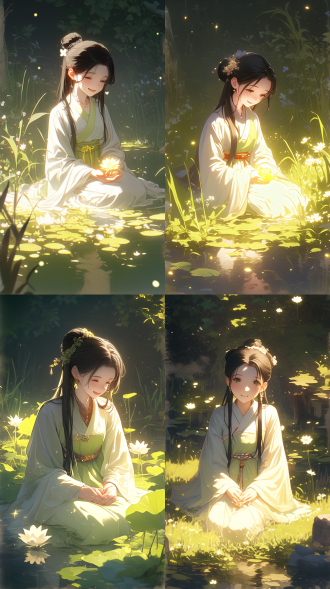 穿着汉服动漫小女孩，古风发型装饰，草地上玩，花，草，树，水，卡通动画风格，远景，开心大笑，柔和光线，自然环境，广角镜头，鲜艳色彩，欢乐情绪，细节丰富，童话氛围。