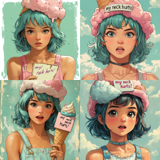 short-haired girl with giant ice cream cone hat, cloud on top of cone, holding a sign "my neck hurts!", pastel mint green and pink background, kawaii anime style, exaggerated facial expression (annoyed but cute), thick outlines, minimal shading, humorous sticker design, high contrast