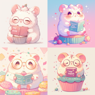 a cute chubby hamster wearing round glasses, holding a tiny book titled "nap expert", sitting on a cupcake, pastel pink and mint color palette, soft shading, kawaii style, exaggerated blush, big sparkly eyes, clean lines, humorous and whimsical, flat illustration, white background, high resolution
