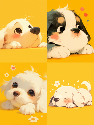 可爱卡通白身黑腿尾小狗躺黄纯色背景，极简扁平插画，高端感图形设计，高分辨率高细节，顶光，静态，暖黄调，萌态。