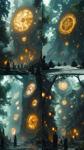 超现实森林，发光苔藓吞噬时钟，人在树根下冥想，有赛博朋克焦虑符号渐入雾中，哑光绘画风，暗色调，长焦镜头，逆光，静态，神秘。