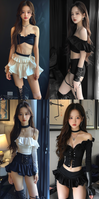 黑色背景，亚洲女孩似奥黛丽赫本，漂亮脸蛋长发，连衣裙正反展示，短款黑白不对称波西米亚图案荷叶边，高靴修长身，全身全景特写，舞台光柔和，人像镜头8k，优雅高级。 全身