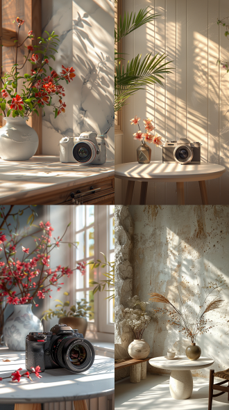 摄仪置于白色圆桌，简约白墙背景，斑驳自然光，室内渲染，xgimi等品牌，细节清晰质感真，尼康，c4d，3dmax，behance，1:2比例。