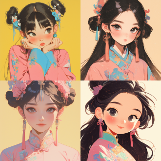 a gongbi painting of a 5 years old black long hair chinese qing dynasty girl wears pink hanfu, tangled jewelry, round face, extremely minimalism portrait, geometric shapes, matte light yellow background, in the style of crisp neo-pop illustrations, animated gifs, dolly kei, cartoon-like characters, close-up, head view, bold, cartoonish lithographs