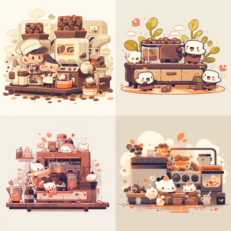 flat vector illustration of cartoon coffee beans with arms and legs preparing drinks in a kitchen scene. include a smiling coffee machine, beans pouring milk into a cup, and a bean stacking sugar cubes. use coffee brown, cream white, and soft yellow colors with thick black outlines. no gradients, pure flat colors.