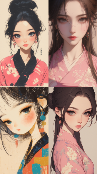 a gongbi painting of a 5 years old black long hair chinese qing dynasty girl wears pink hanfu, tangled jewelry, round face, extremely minimalism portrait, geometric shapes, matte light yellow background, in the style of crisp neo-pop illustrations, animated gifs, dolly kei, cartoon-like characters, close-up, head view, bold, cartoonish lithographs