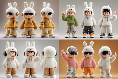 full body, generate three views, namely the front view, the side view and the backview, chinese zodiac, super cute boy wearing a rabbit shaped hat , tech elements, stylish clothes, standing posture, super cute ip by pop mart, hbi, model, blind box toys, fine gloss, clean background, 3d render, ocrender, best quality, 4k, super detail, pop market toys, studio lighting,