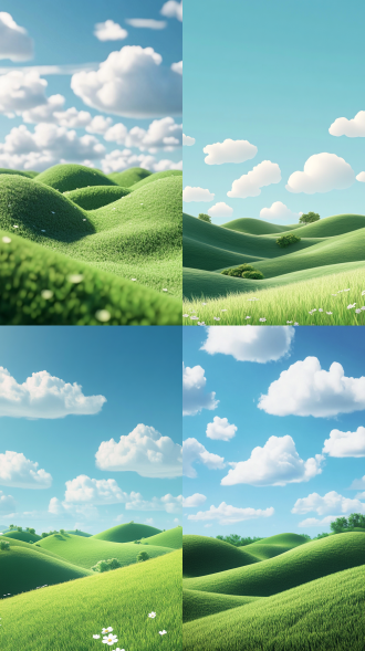 no flowers, 3d rendering of cartoon green hills with a blue sky background, in a cute style, with white clouds, green grass, using a soft gradient color scheme, with a simple and clean light sense of space and movie lighting, featuring bright colors and high-definition details at 4k resolution.