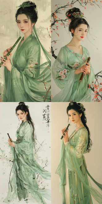 国风彩绘，古风，手绘，美女，全身，单个人物，身穿淡绿色衣服，手抱笛子，纯色背景