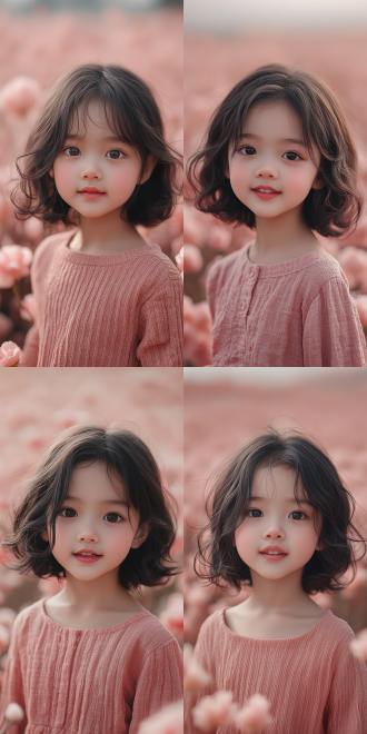 一个有着粉嫩脸颊和明亮大眼睛的小萌娃，2岁的中国小女孩，正面，身穿可爱的粉色上衣，短发微卷呈黑色，笑容灿烂，露出洁白的小牙齿，特写镜头，背景是淡粉色花海，超清32k，超高细节，高清画质。