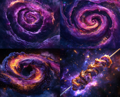 cosmic nebula background in deep sapphire and violet, spiral galaxy shaped like meat skewer, marbled pork belly slices with crystalline fat rendering, glowing meteor trails forming chinese calligraphy, sparkling chili flakes asteroid belt, surreal liquid gold sauce constellations, holographic typography with star dust effect, ultra-wide cosmic perspective