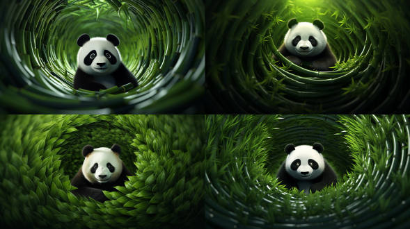 细长的竹叶一片片螺旋叠放，竹叶中心漩涡处坐着1只小熊猫。壁纸级别，高清品质。