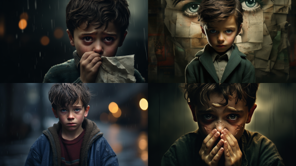 纸张撕开后漏出一张小男孩哭泣的脸，电影海报，暗色调，故事感