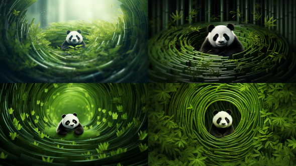 细长的竹叶一片片螺旋叠放，竹叶中心漩涡处坐着1只小熊猫。壁纸级别，高清品质。