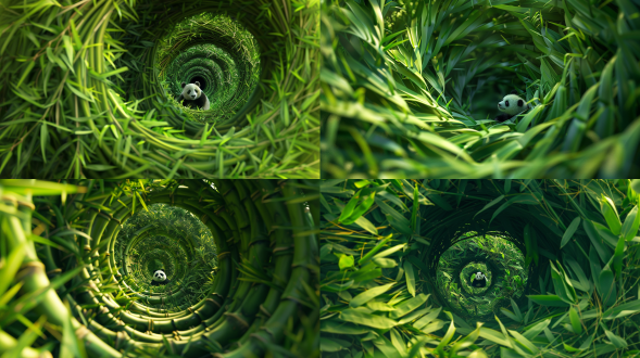 细长的竹叶一片片螺旋叠放，竹叶中心漩涡处坐着1只小熊猫。壁纸级别，高清品质。