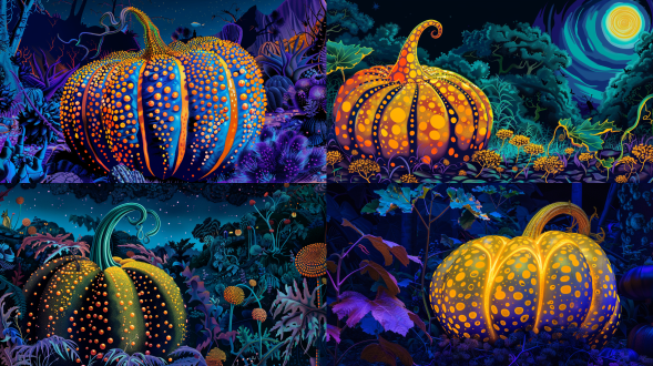 波普艺术，草间弥生，高饱和度，浓郁的色彩碰撞，夜晚的大森林，静谧，特写南瓜藤上结了一个大南瓜，复古插画