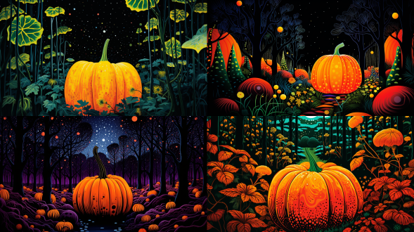 波普艺术，草间弥生，高饱和度，浓郁的色彩碰撞，夜晚的大森林，静谧，特写南瓜藤上结了一个大南瓜，复古插画