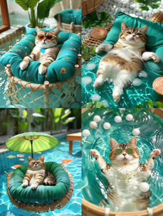 夏日玩水，加菲猫，异国短毛猫。