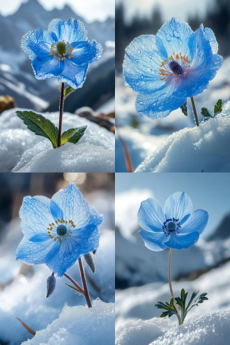 雪山之巅，一朵绿绒蒿盛开了，晶莹剔透的蓝色花瓣，透明轻盈，超凡脱俗，在白雪映衬下，美的不可方物。